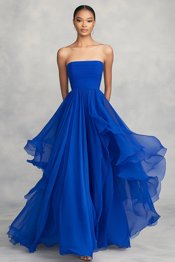 Robe formelle plissée sans bretelles en mousseline de soie à volants bleu royal
